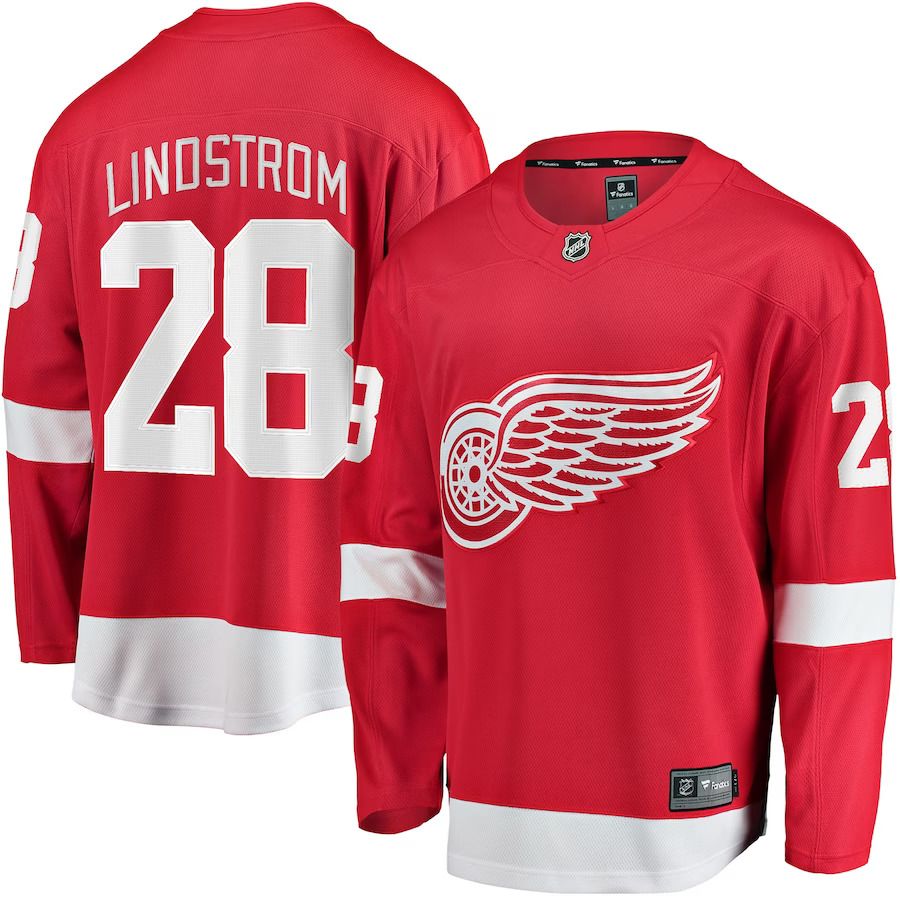 Men Detroit Red Wings 28 Gustav Lindstrom Fanatics Branded Red Home Breakaway Player NHL Jersey